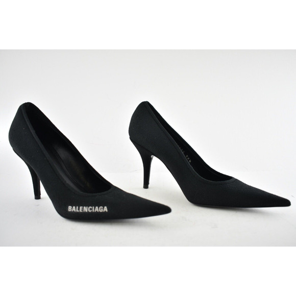 Balenciaga Knife Recycled Knit Black White Logo Pointed Toe Mule Heel Pump 37.5 - Picture 5 of 12